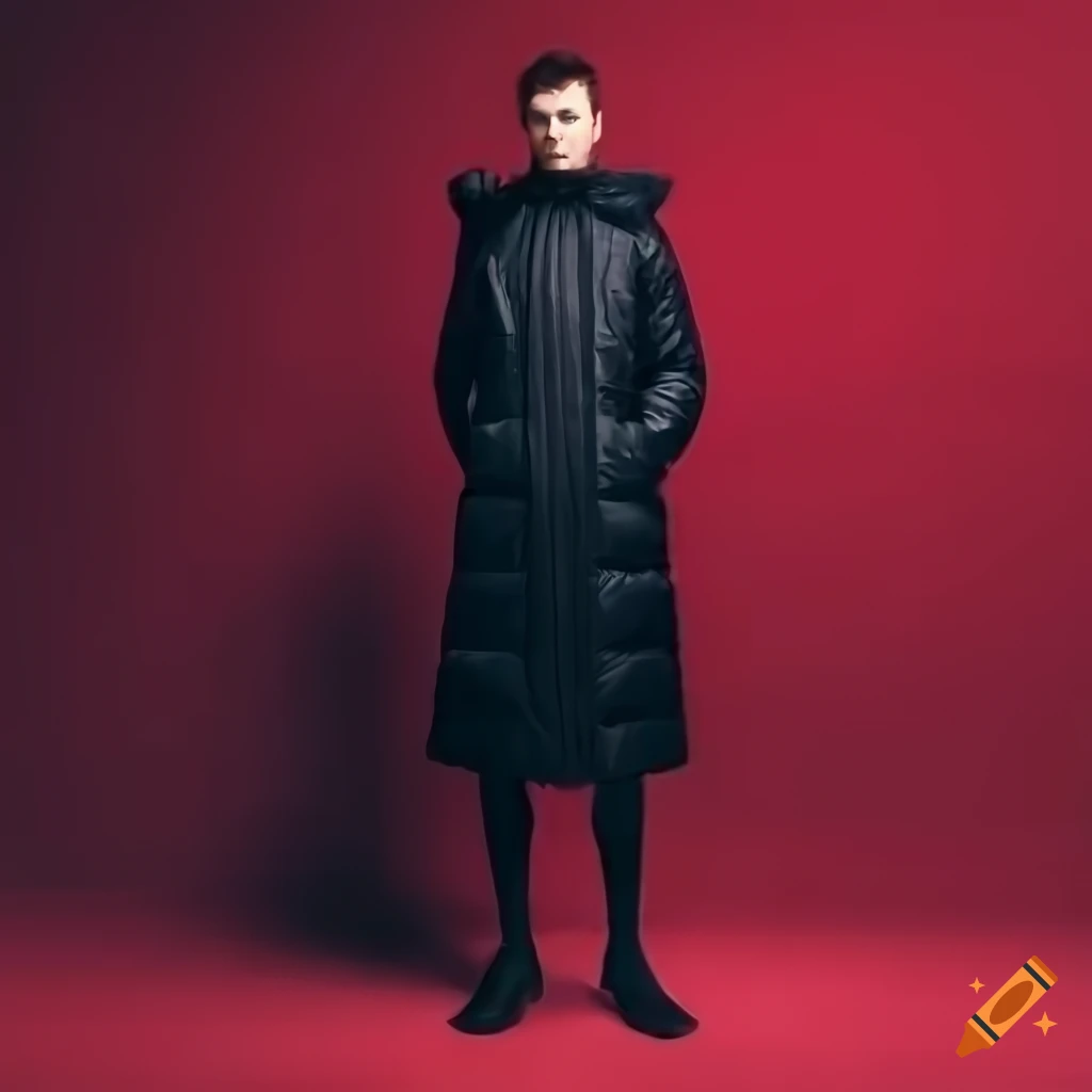 Young man in black fashion outfit against red wall