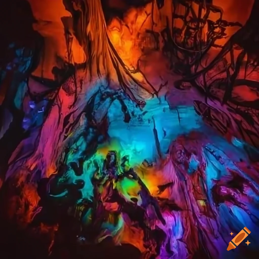 Multicolored war scene with blurred monsters and turquoise fire