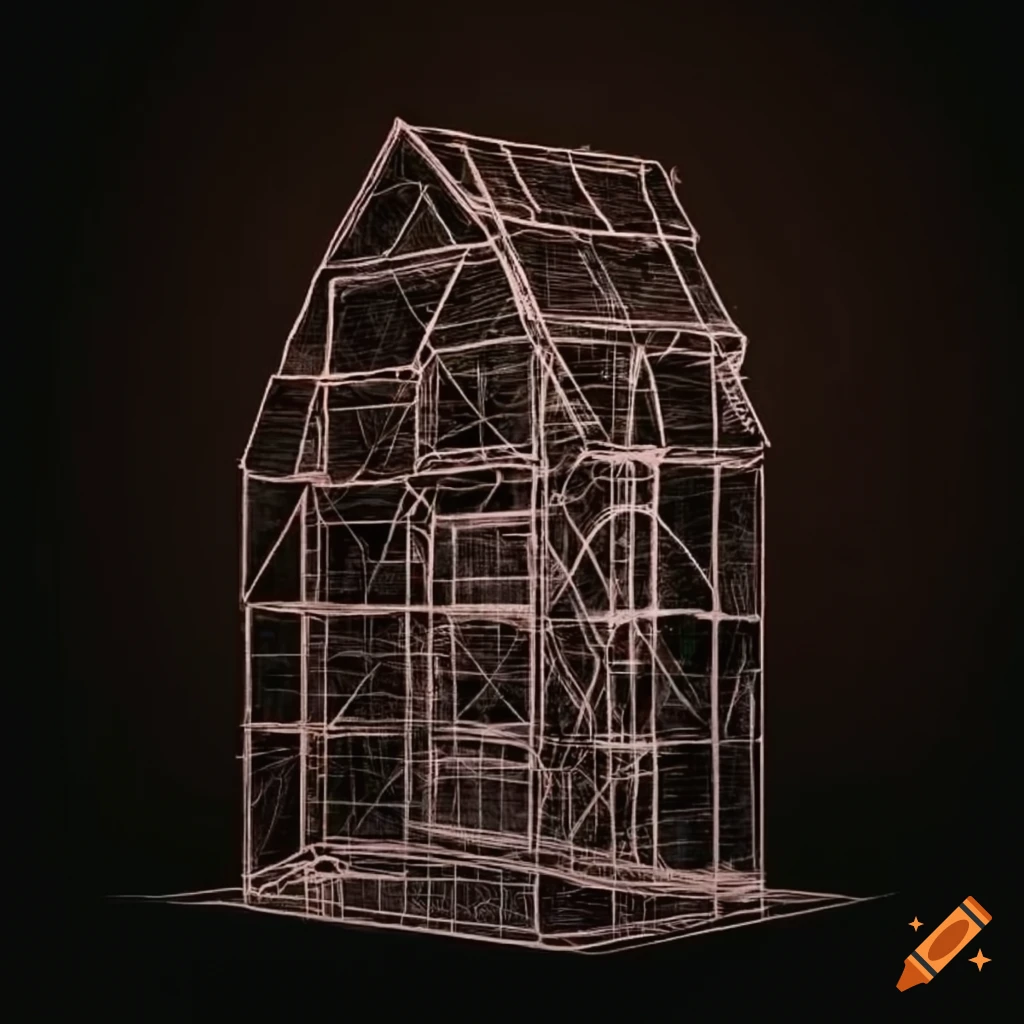 Line drawing of an uncanny and organic greenhouse blueprint fused with nature