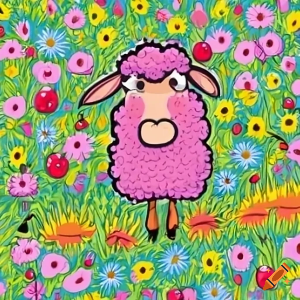 Fuzzy pink sheep frolicking in a meadow with cherries and daisies