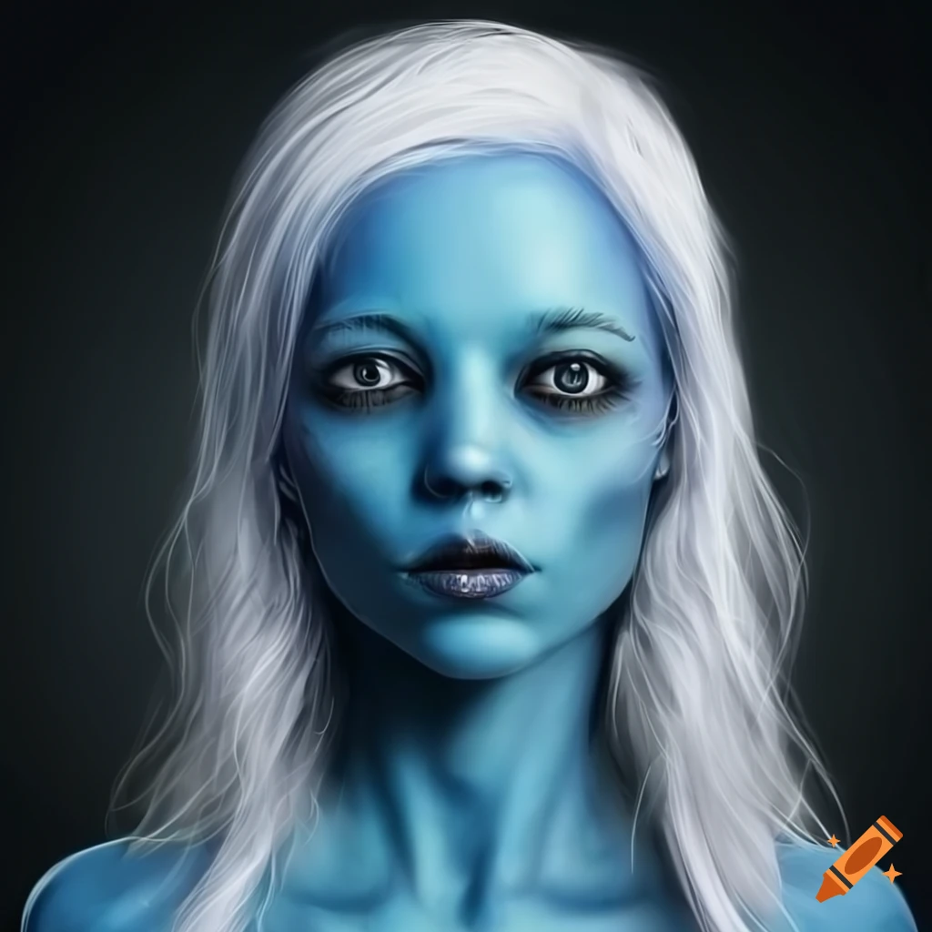 Realistic Photo Of A Blue Skinned Alien Woman With Pointed Ears And White Hair On Craiyon 