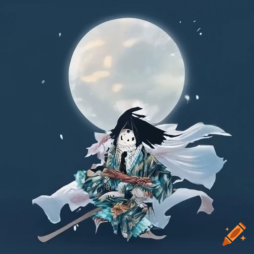 Ukiyo-e style illustration of a brave scarecrow in white color at night