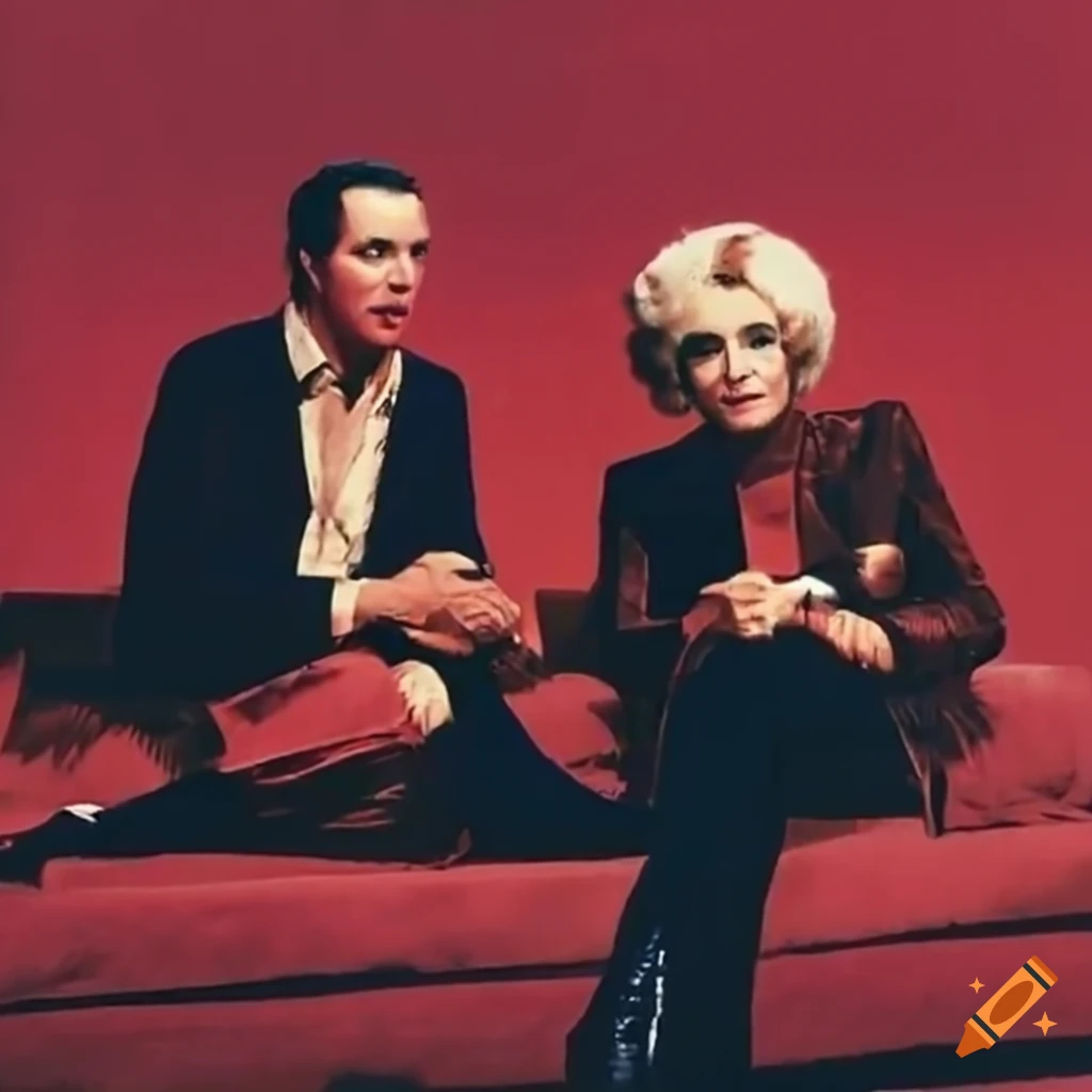 Scene from a 70s french movie with a man and a woman on a sofa and a