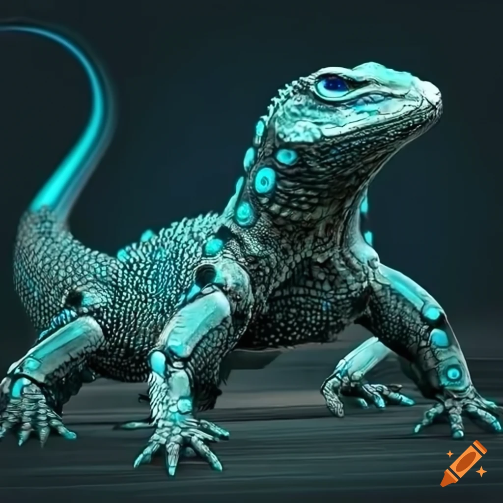 Sci-fi robotic monitor lizard with glowing eyes and intricate plasma patterns