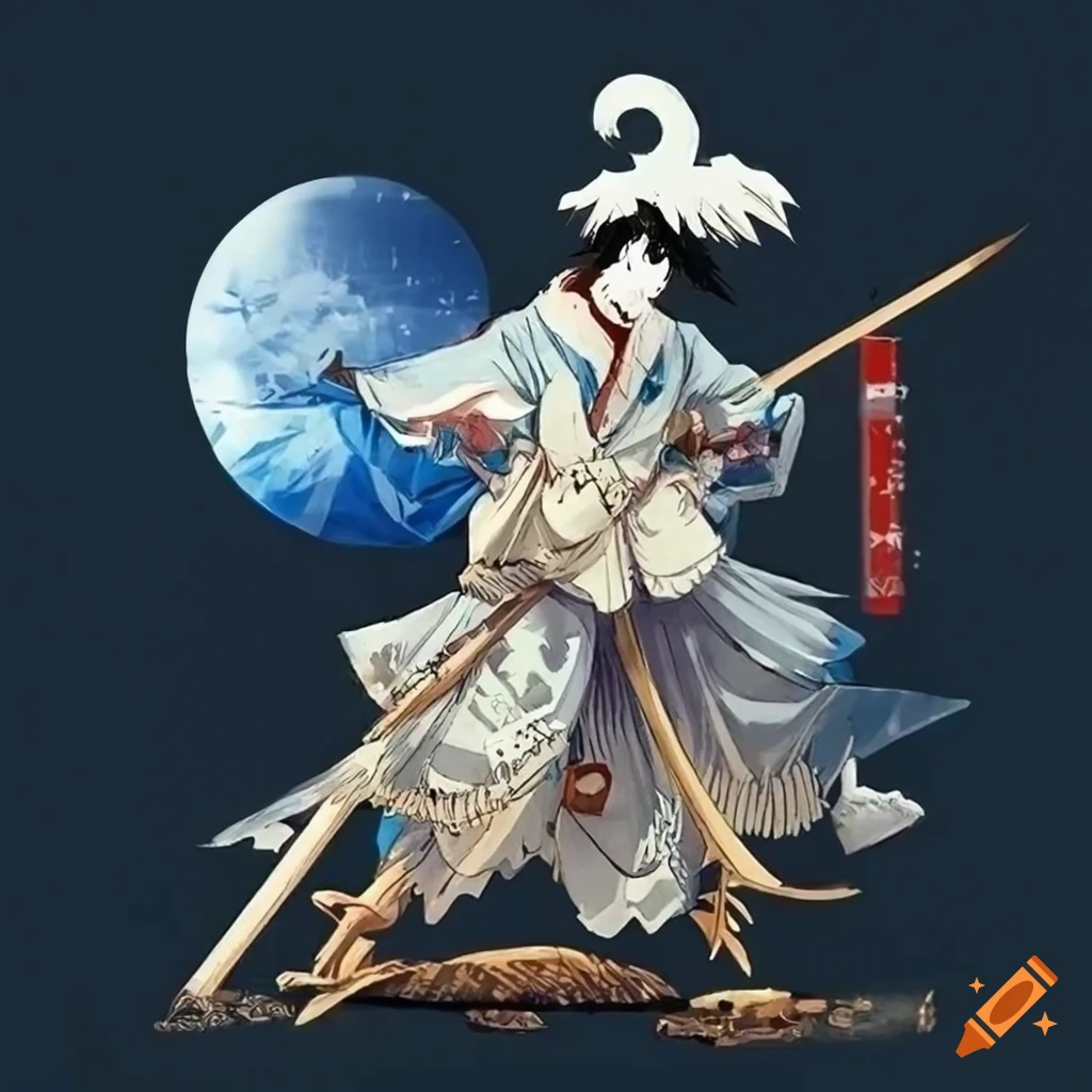 Ukiyo-e style brave scarecrow in a luxurious white night setting