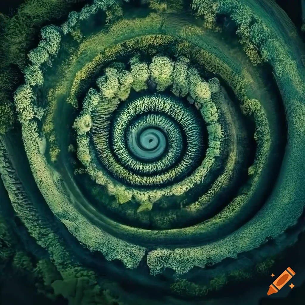 Serene forest landscape with Fibonacci spiral pattern tree trunks ...
