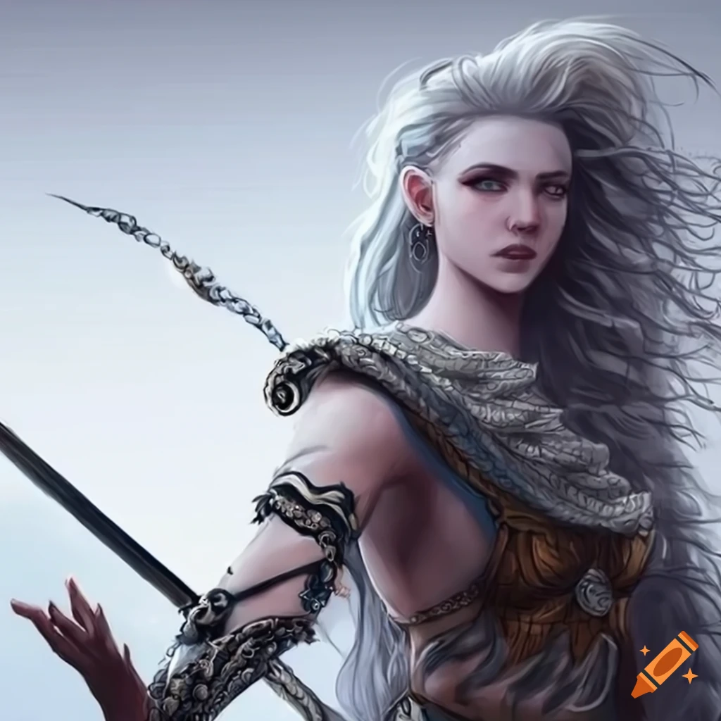White female warrior with flowing hair protecting her kingdom on Craiyon