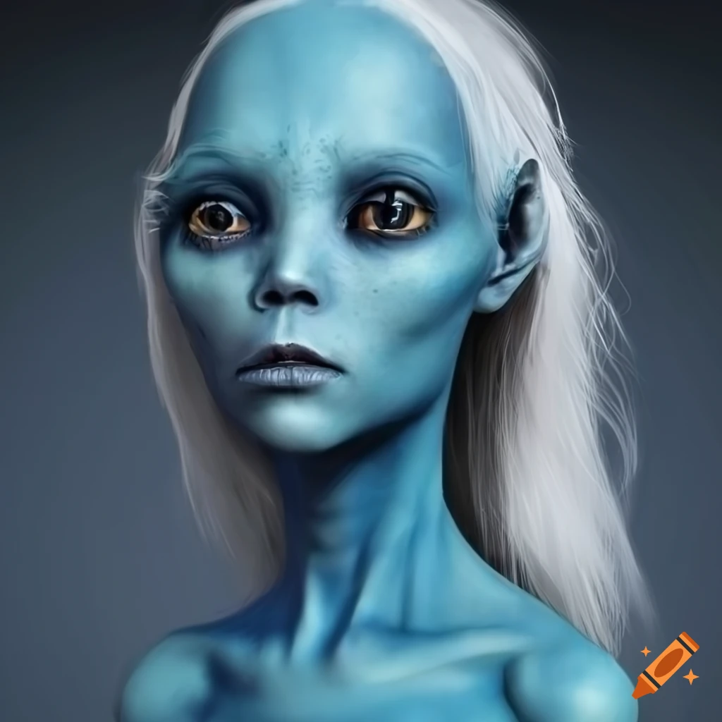 Realistic Portrait Of A Blue Skinned Humanoid Alien Woman With Pointed Ears And Wavy White Hair 