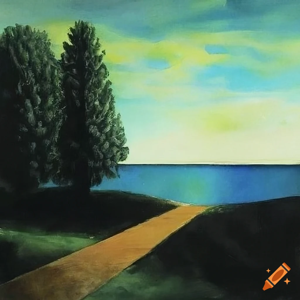 Black figure painting by rené magritte in a watercolor landscape on Craiyon