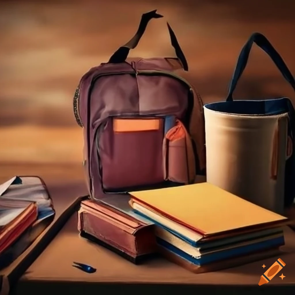 School supplies with rural school in the background