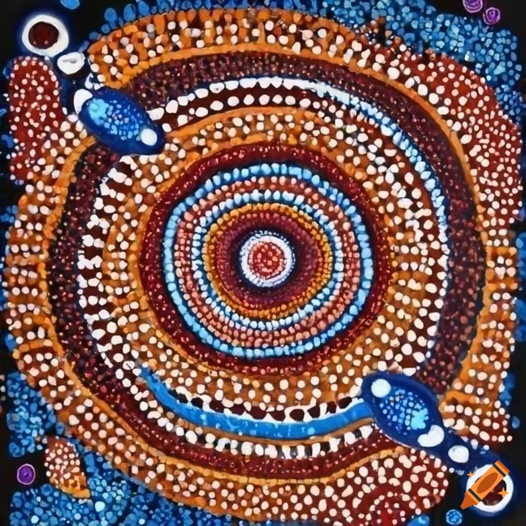 Australian indigenous dreamtime painting of a crocodile in Wiradjuri clan style