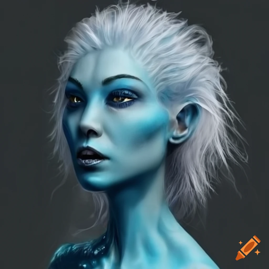 Blue Skinned Humanoid Alien Woman With Medium Wavy White Hair And Square Jaw On Craiyon 