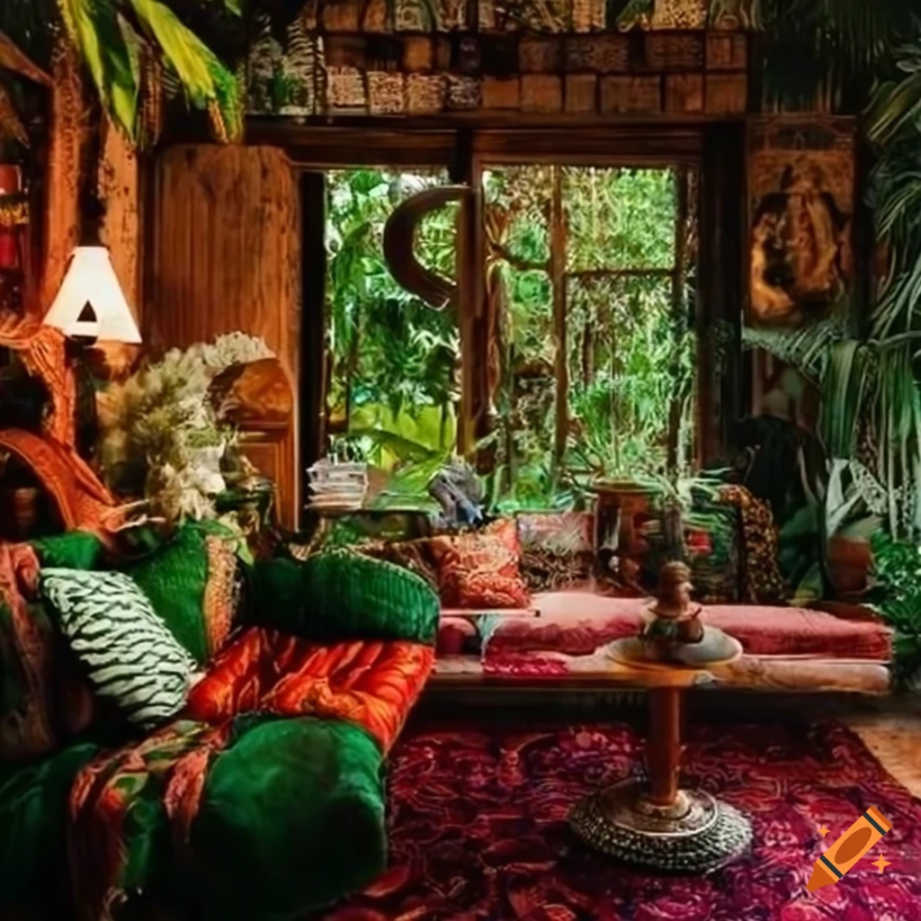 Bohemian living room in a jungle setting on Craiyon