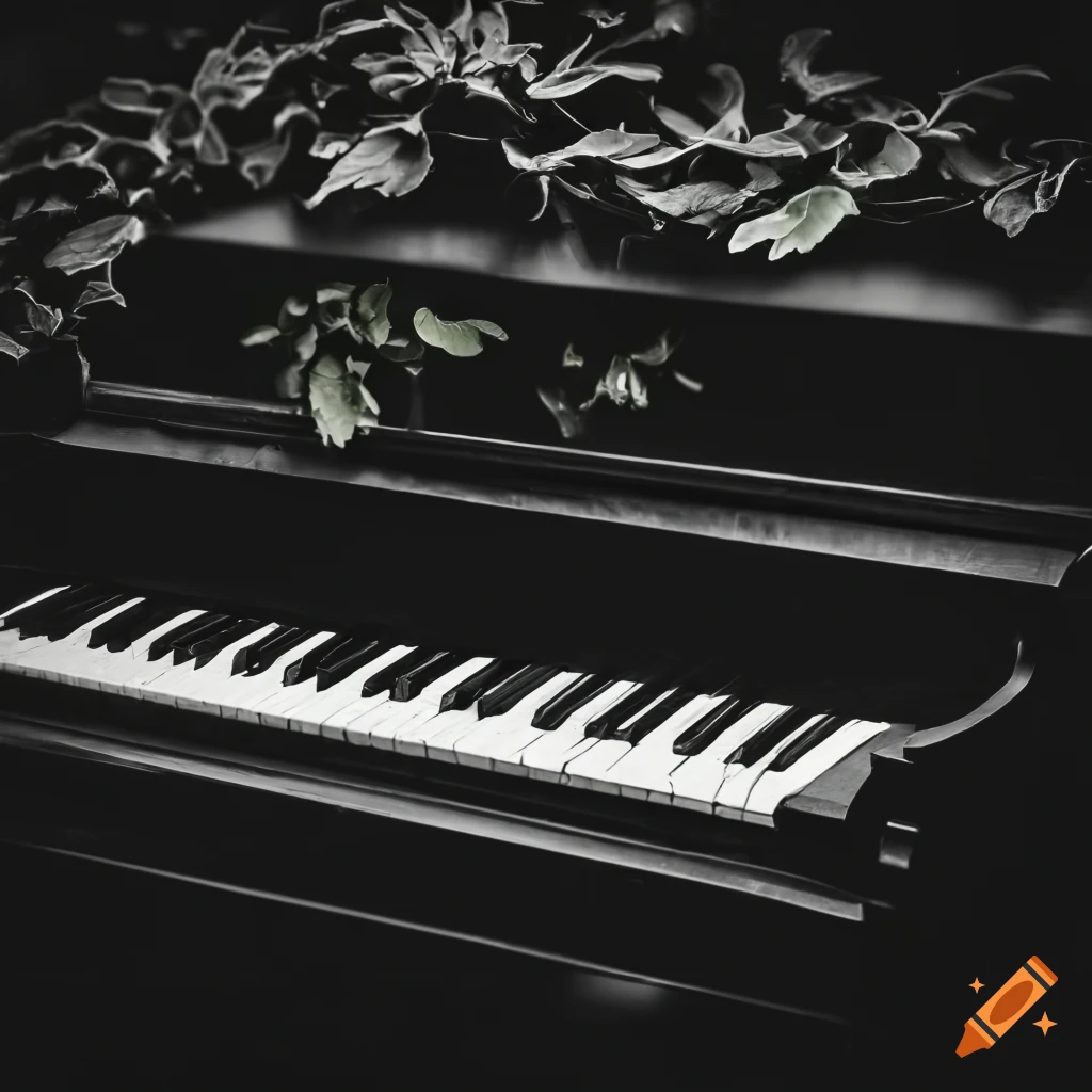 Black and white image of an old grand piano with vegetation