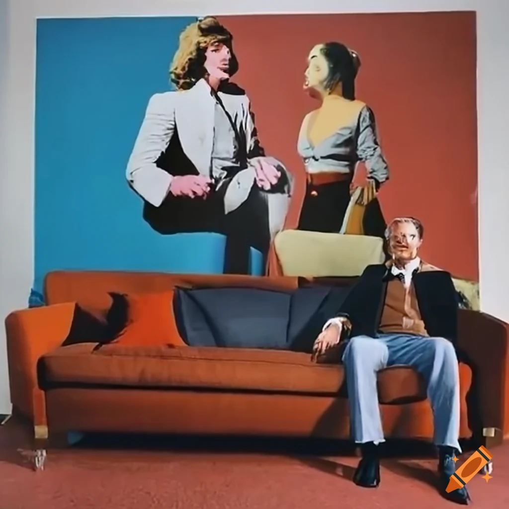 Scene from a 70s french movie with a man and a woman on a sofa and a