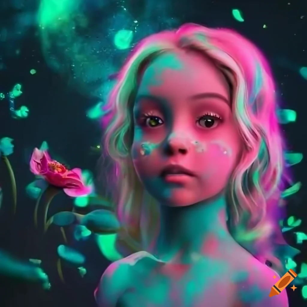 Blonde girl in space surrounded by poppy flowers and a cute alien pet ...