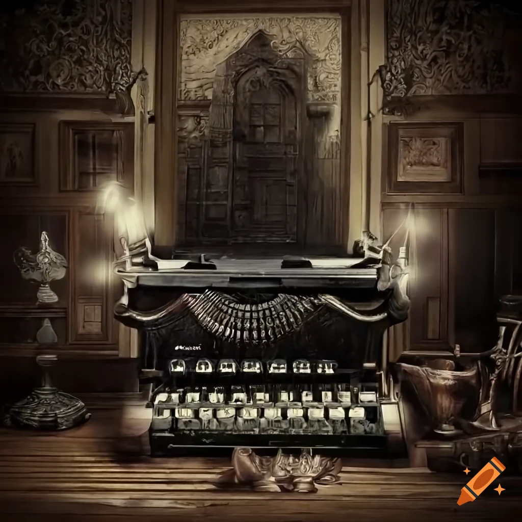 Antique wood typewriter in a mysterious old mansion filled with gothic
