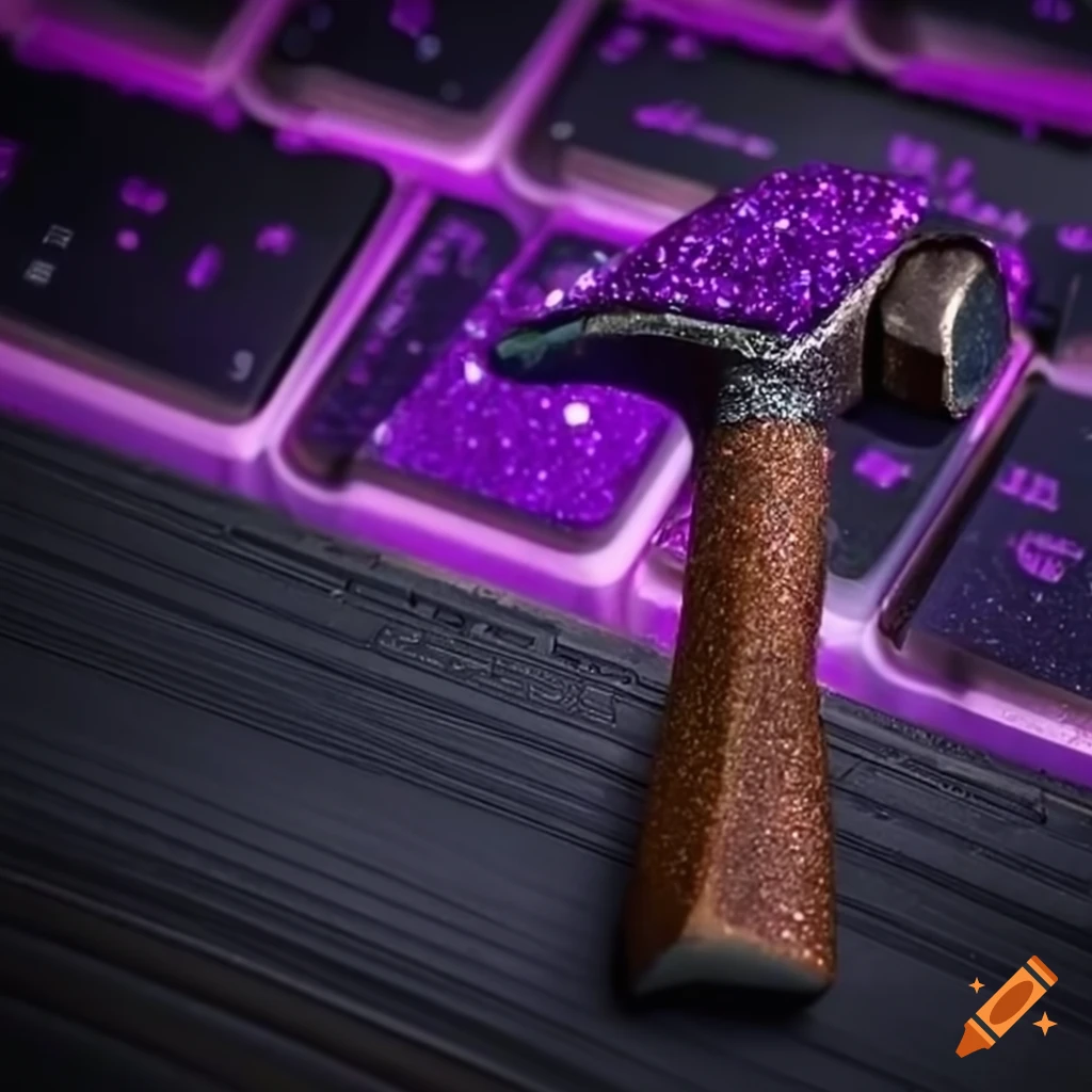 Purple glitter hammer resting on a keyboard
