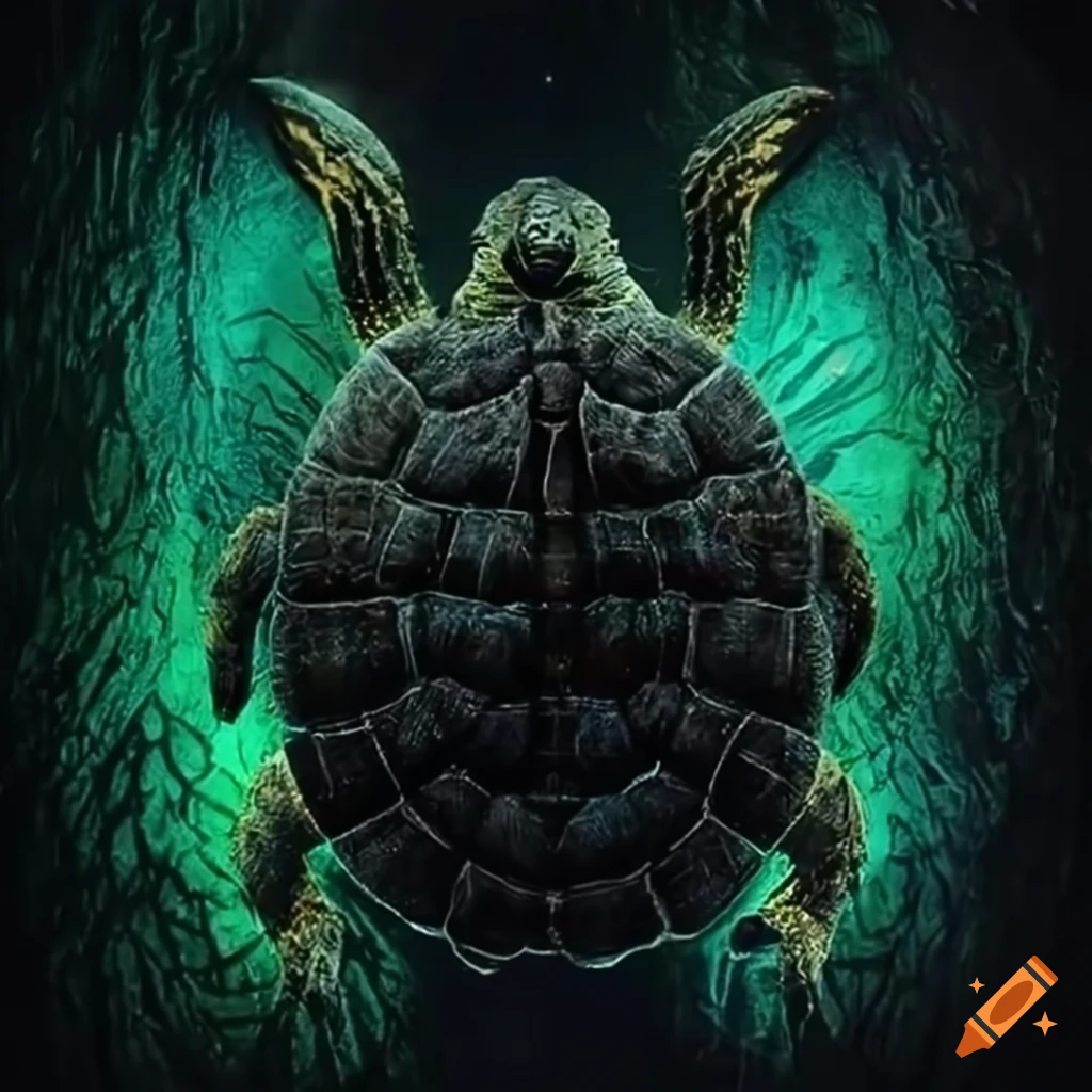 Black turtle emerging from darkness on a techno music song cover