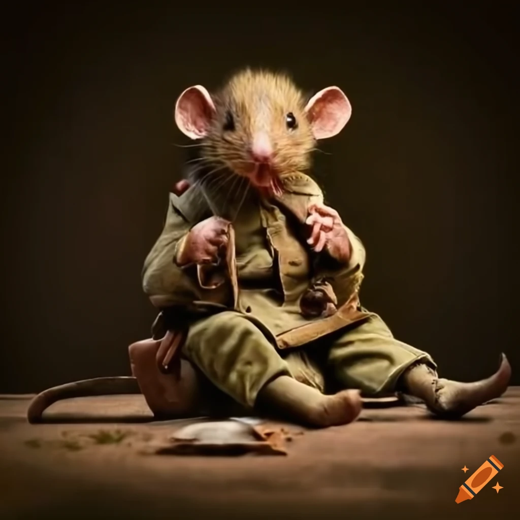 Mouse soldier from World War One sitting and eating a crumb