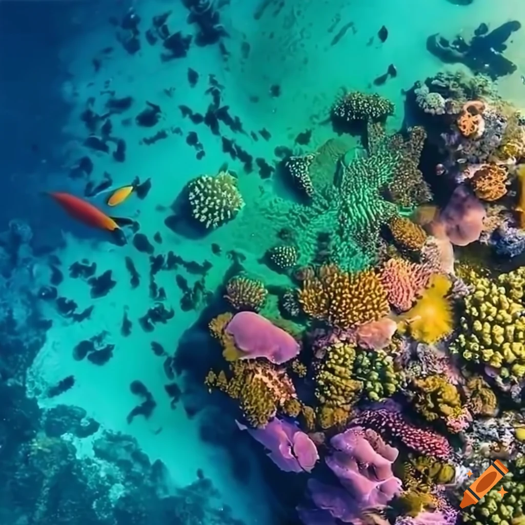 Aerial view of vibrant coral reef with abundant marine life