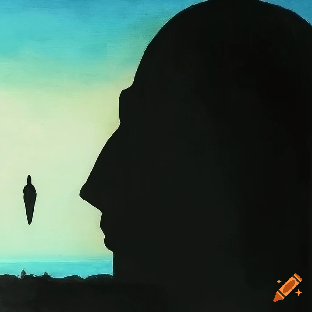 Watercolor landscape with black figure painting by rené magritte on Craiyon