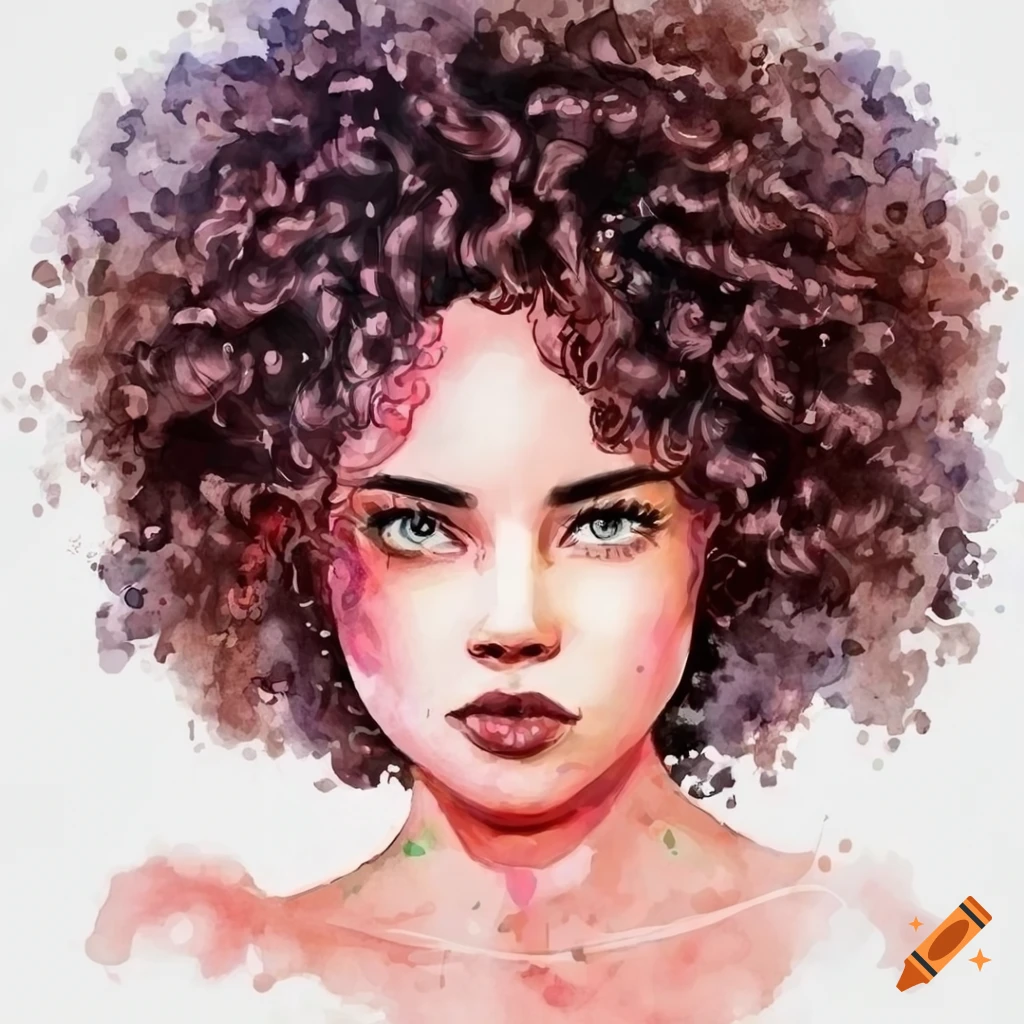 Watercolor illustration of a charming woman with curly hair on Craiyon