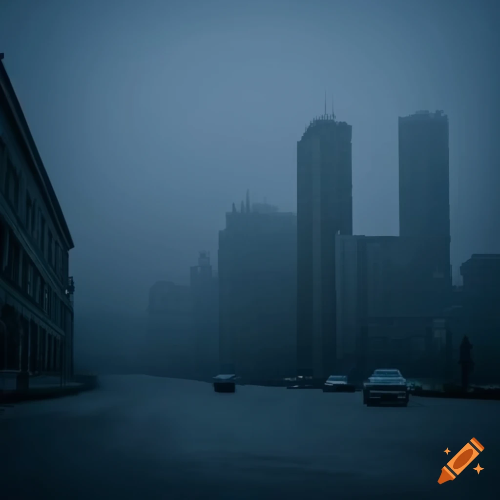 Eerie cityscape at dusk with fog and no lights or people