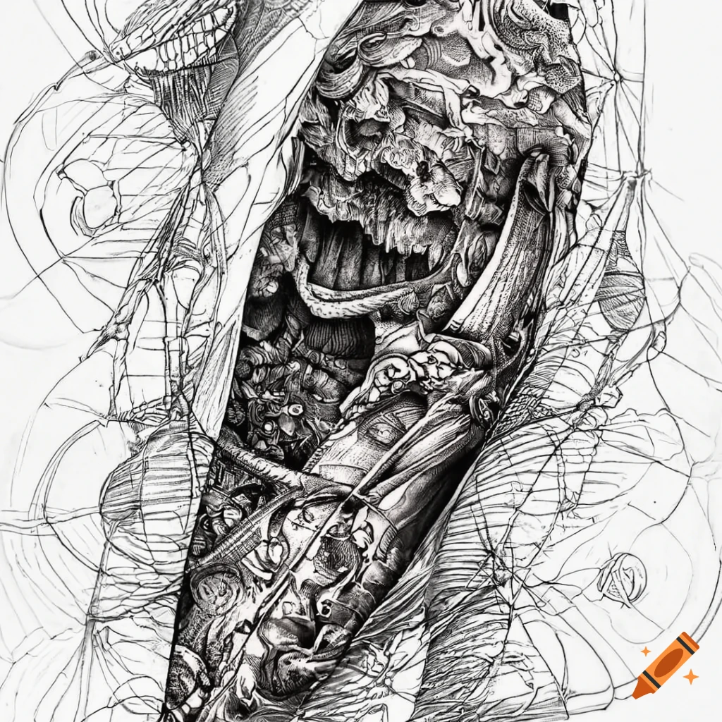 Detailed black and white ink artwork of an industrial manufacturing facility
