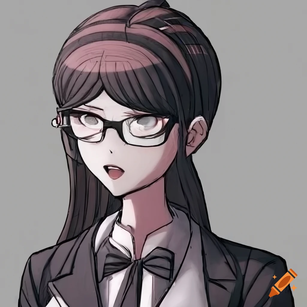 Danganronpa character with black hair tied in a bun and glasses in