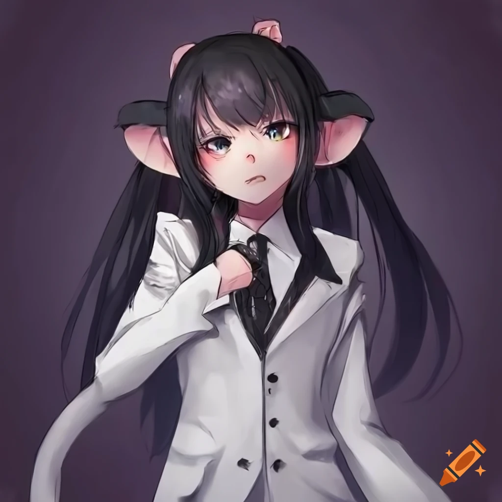 Anime mouse girl with long black hair in a white suit
