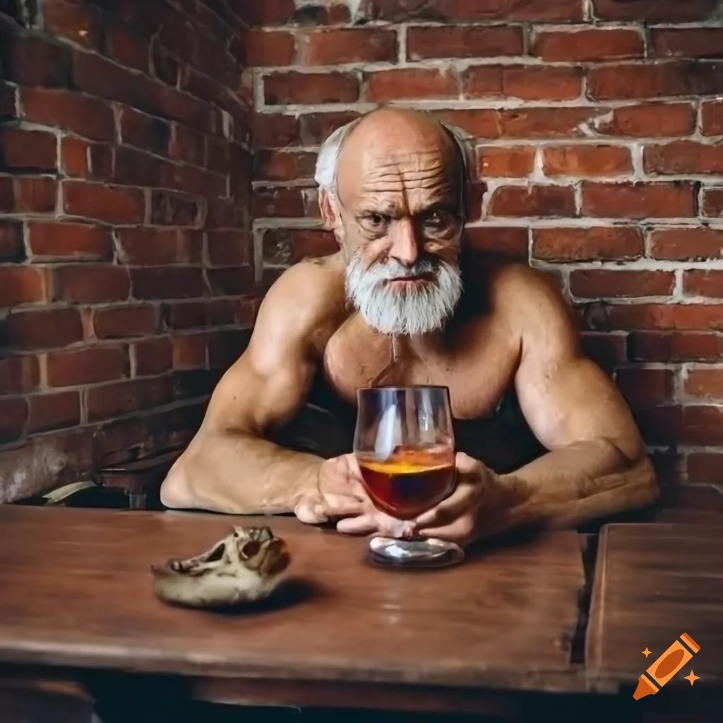 Old bodybuilder in suit seated in basement with bourbon on table