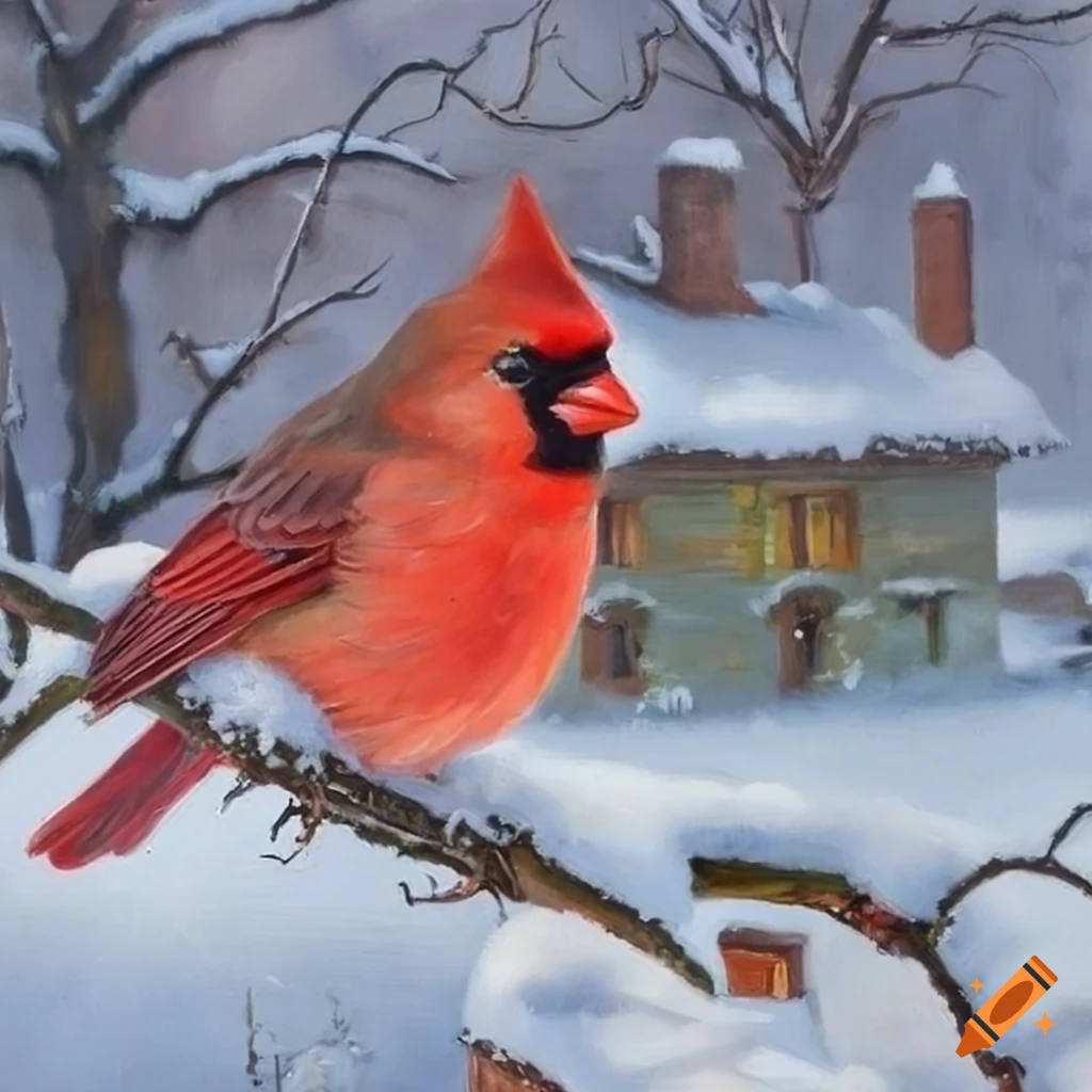 Male and female cardinal birds on snowy tree branch in front of a quaint cottage