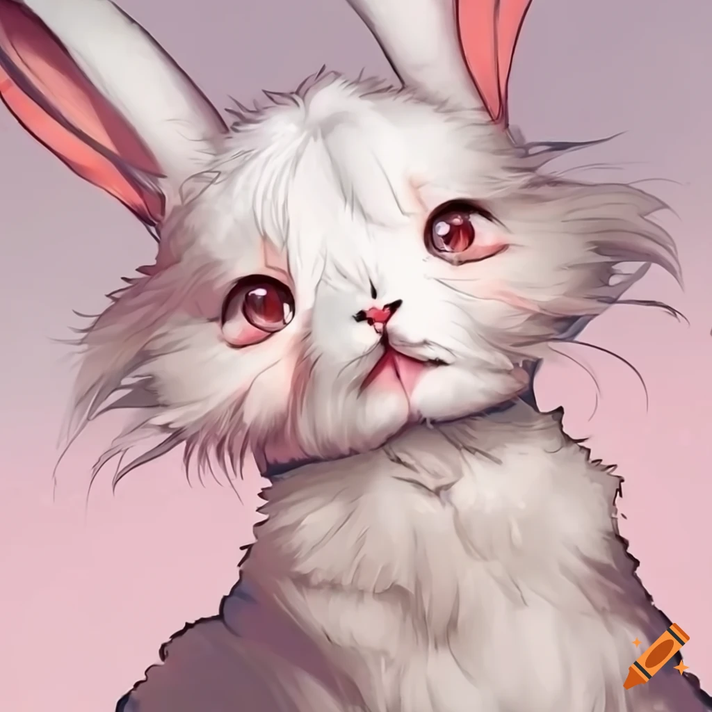 Fluffy white bunny with quirky ears in a cute and silly portrait on Craiyon