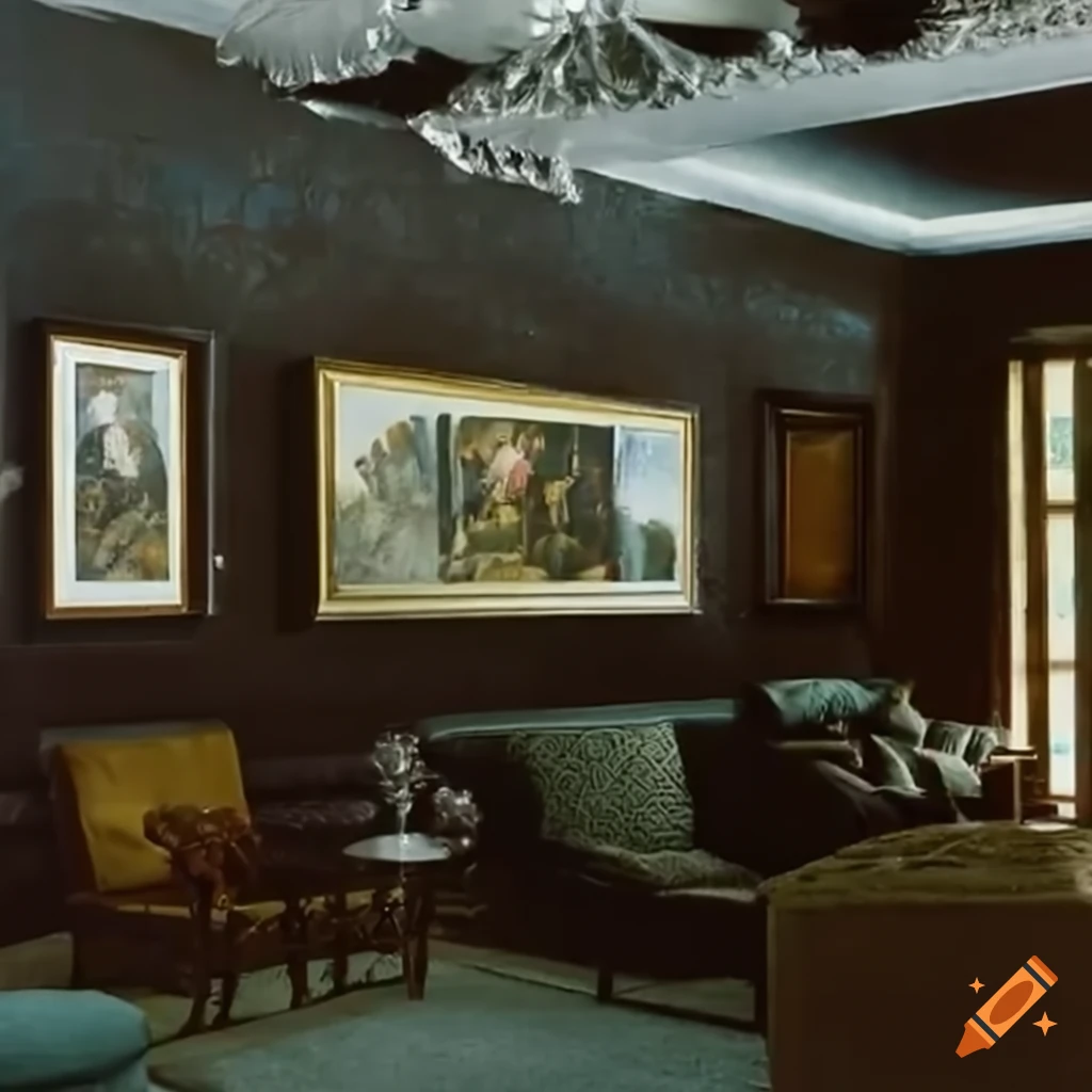 Scene from a French movie from the 70s with a man and a woman sitting on a sofa