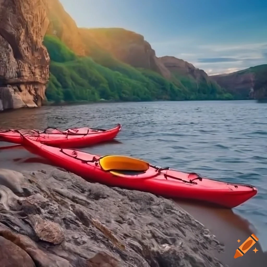 Two red kayaks on a river with rocky cliffs in the background