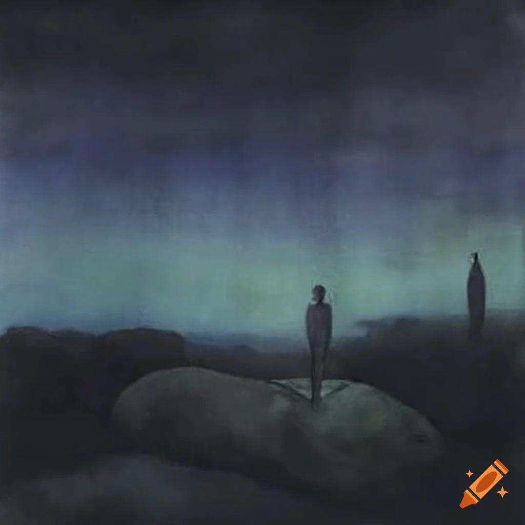 Watercolor landscape with black figure painting by rené magritte on Craiyon