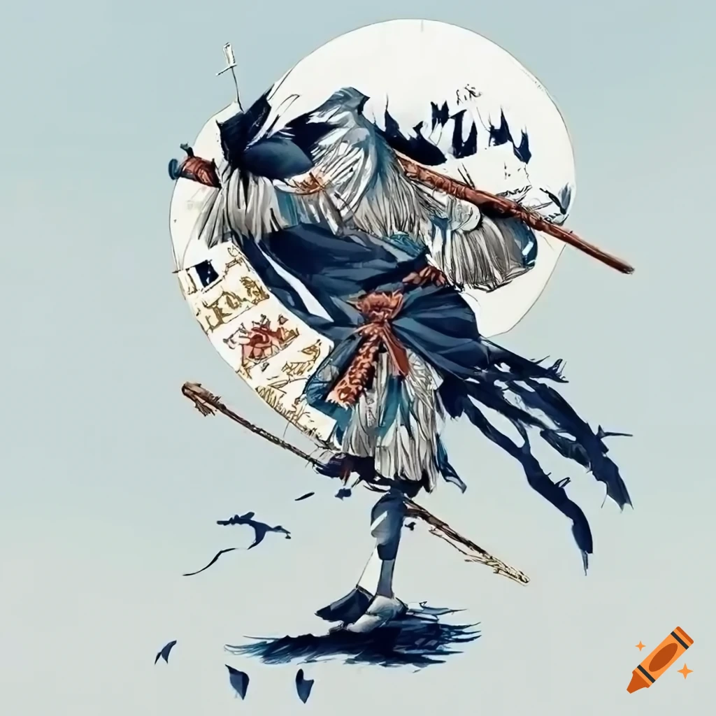Ukiyo-e art of a brave scarecrow in luxurious white attire at night