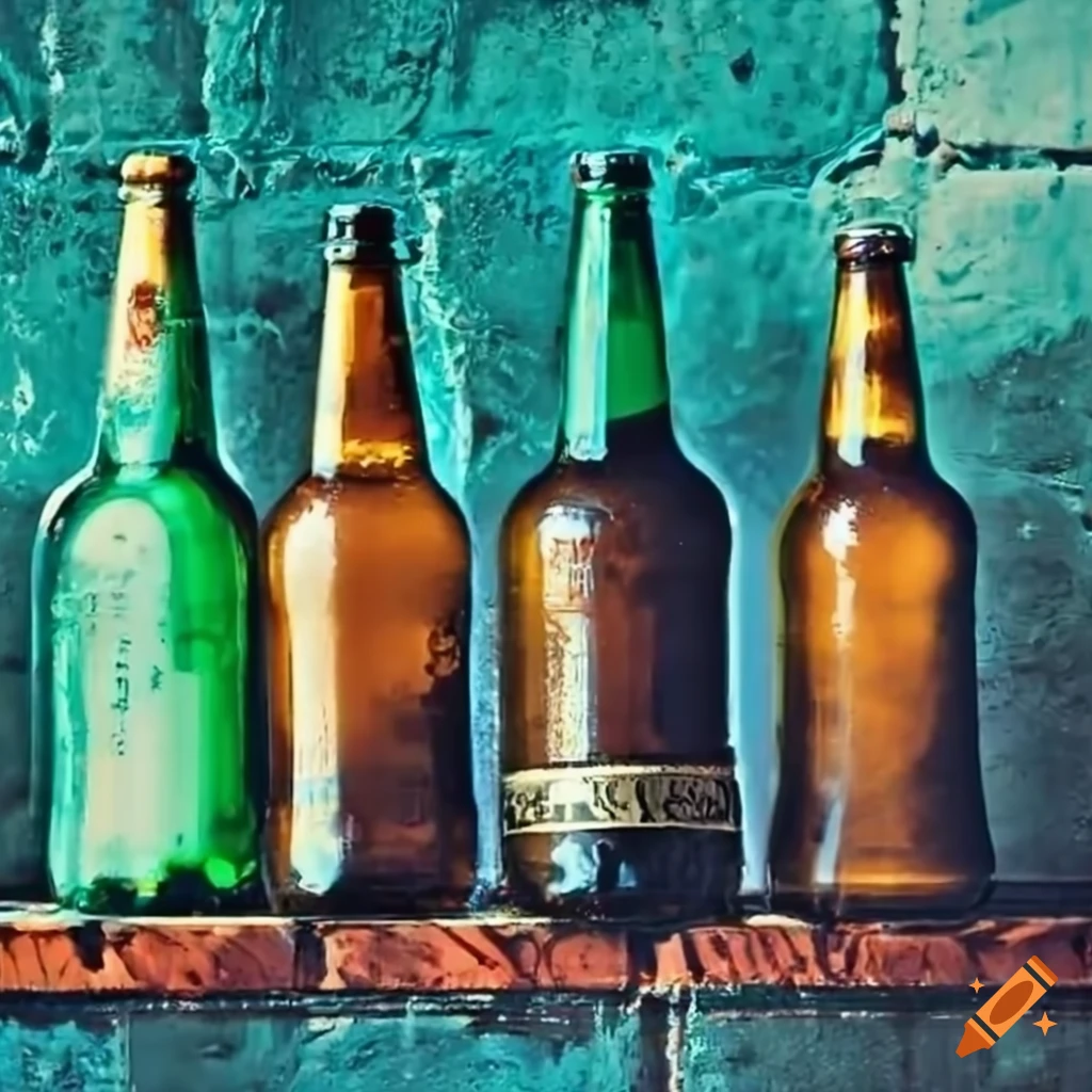 Beer bottles on a wall by the sea