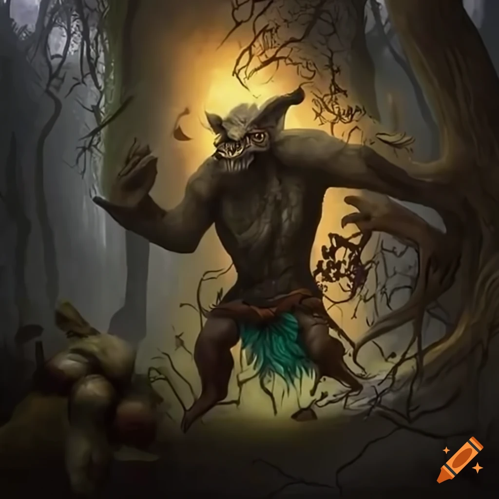 Fantasy battle between a tree-wielding spirit and a fierce troll
