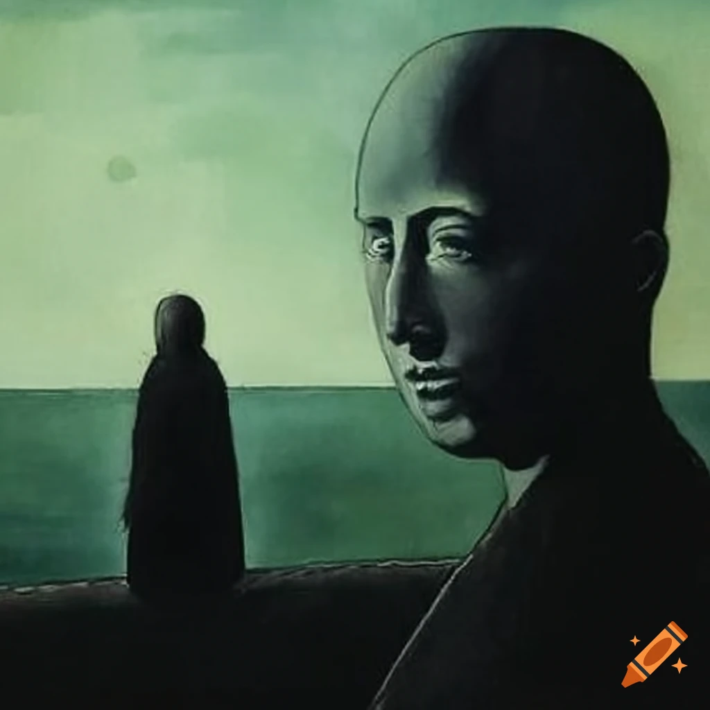 Watercolor landscape with black figure painting by rené magritte on Craiyon