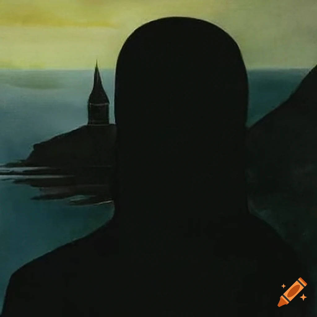 Watercolor landscape with black figure painting by rené magritte on Craiyon