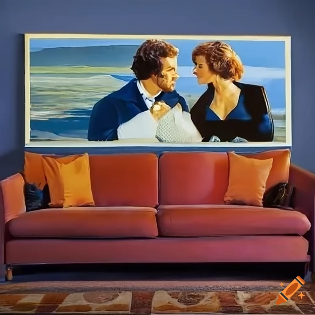 Scene from a French movie from the 70s with a man and a woman sitting on a sofa