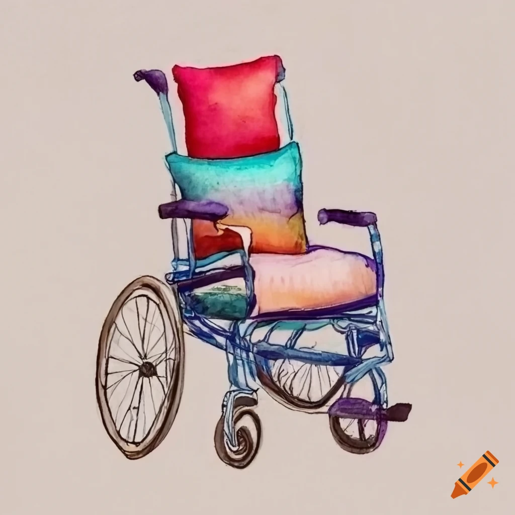 Wheelchair with a decorative pillow in watercolor painting