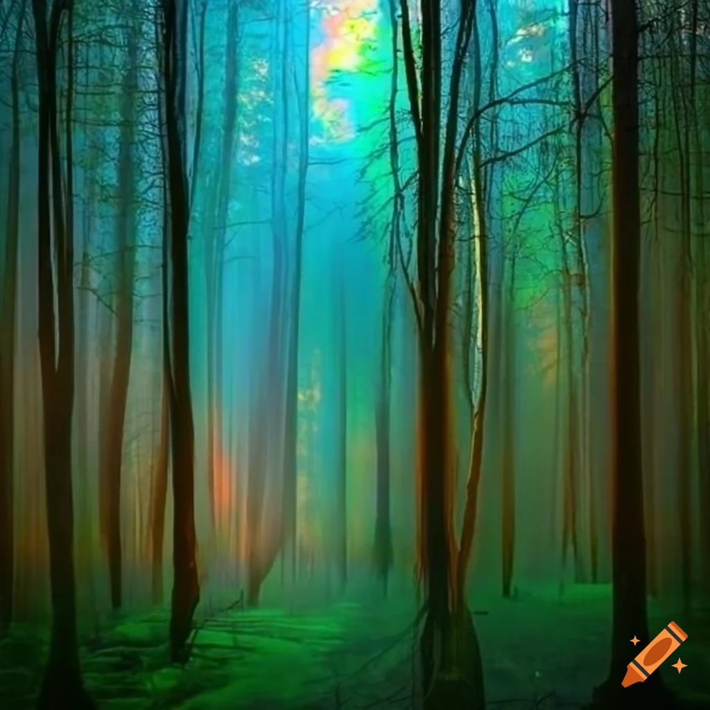 Iridescent light filtering through the forest trees on Craiyon