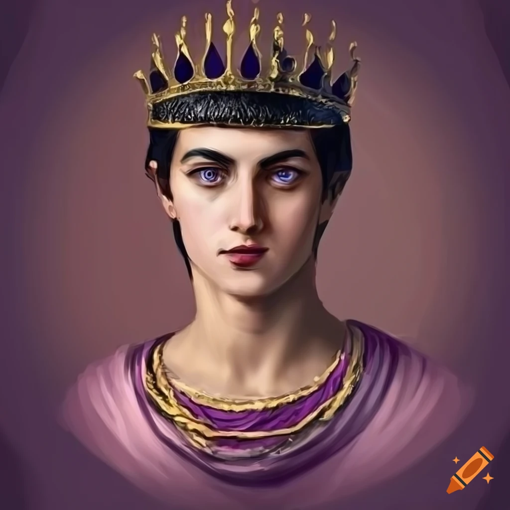 Handsome young king with purple eyes and black hair in roman empire