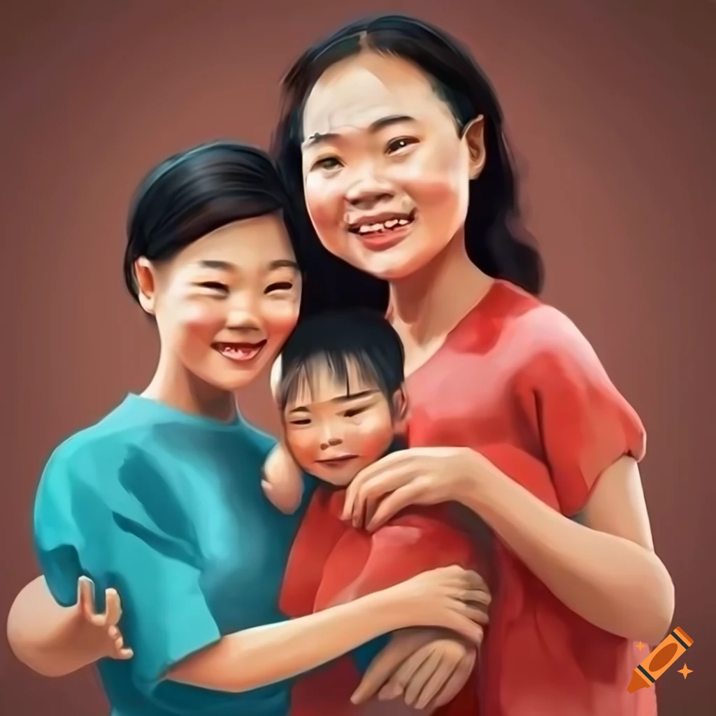 Portrait of a happy Vietnamese family in a CGI illustration style painting