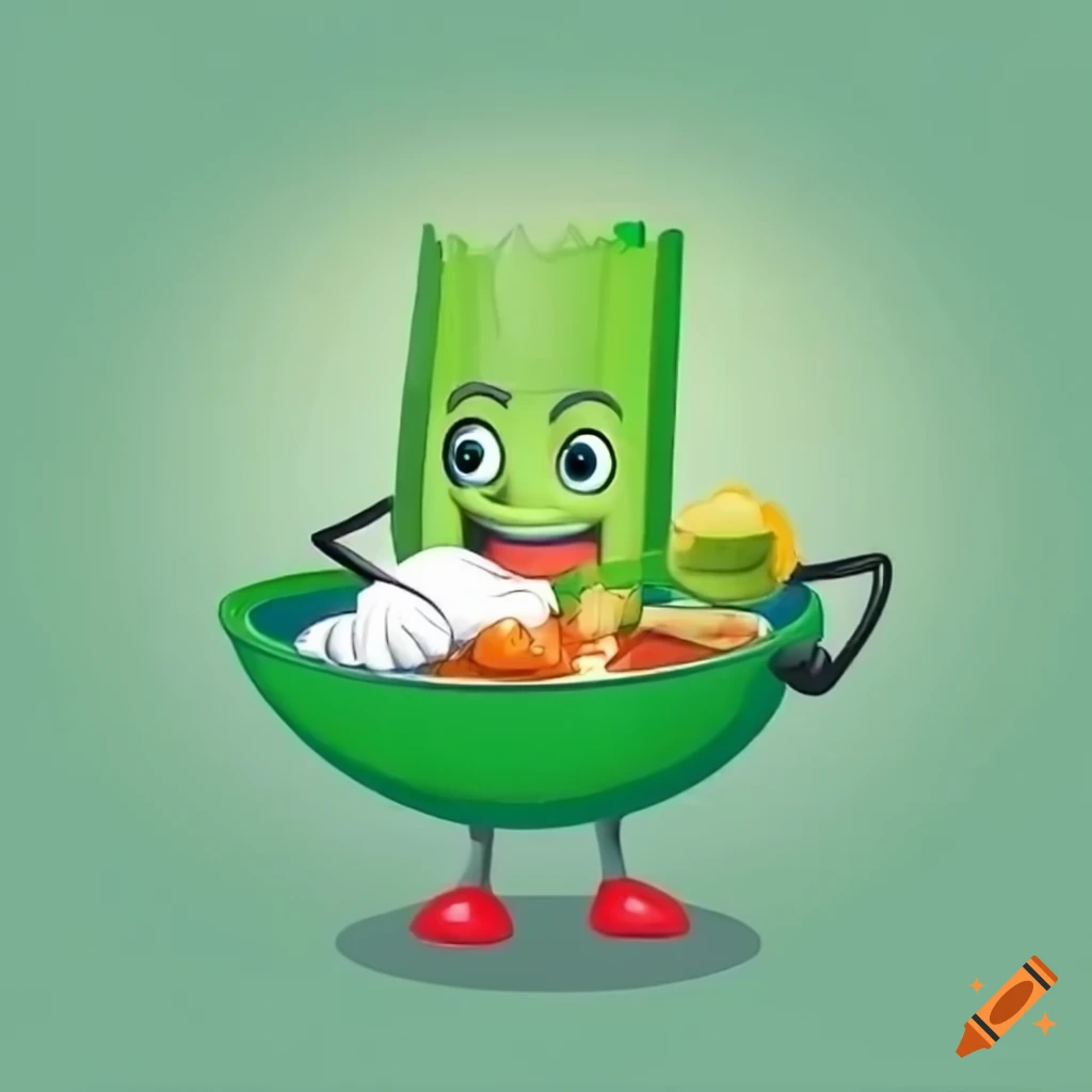 Celery cartoon character in a bowl of minestrone soup