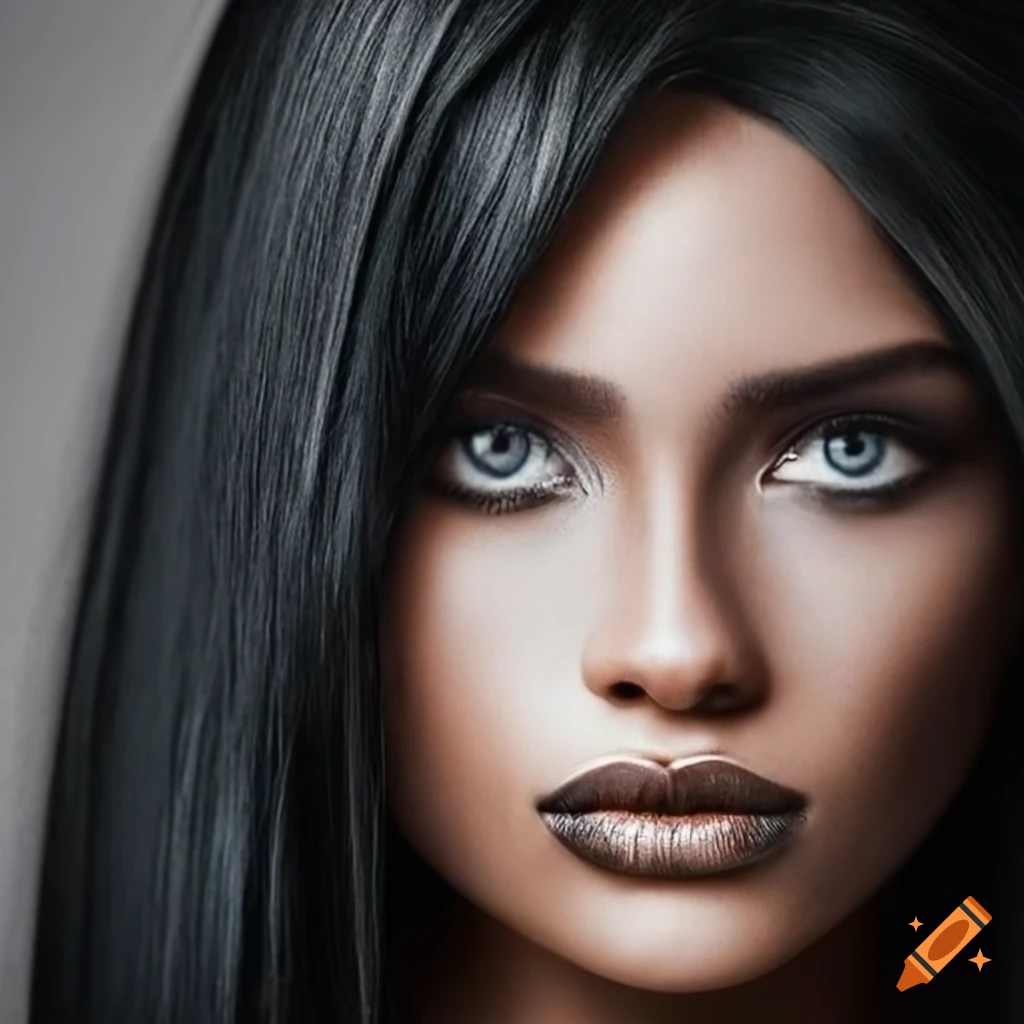 Portrait of a young woman with dark skin, grey eyes, and black hair on Craiyon