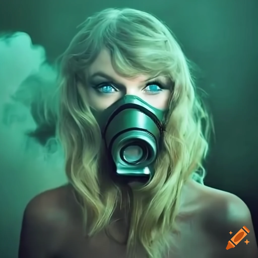 Taylor swift with green smoke and gasmask in background on craiyon